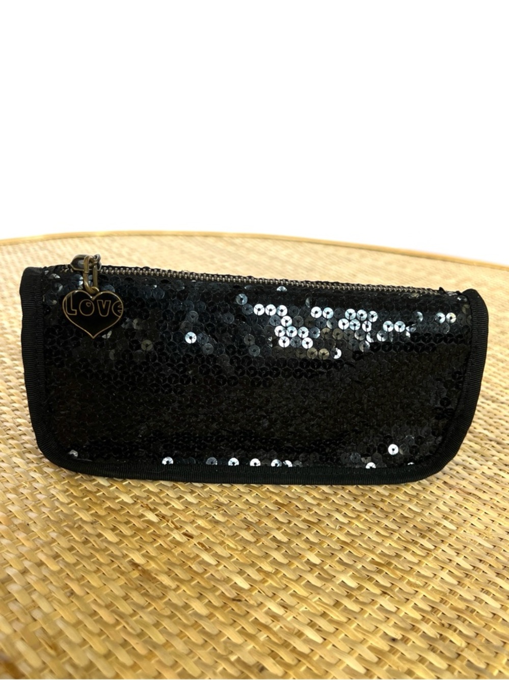 Gap Rhinestones Black Sequin Love Cosmetic Make-up Bag w Love Heart charm whimsy